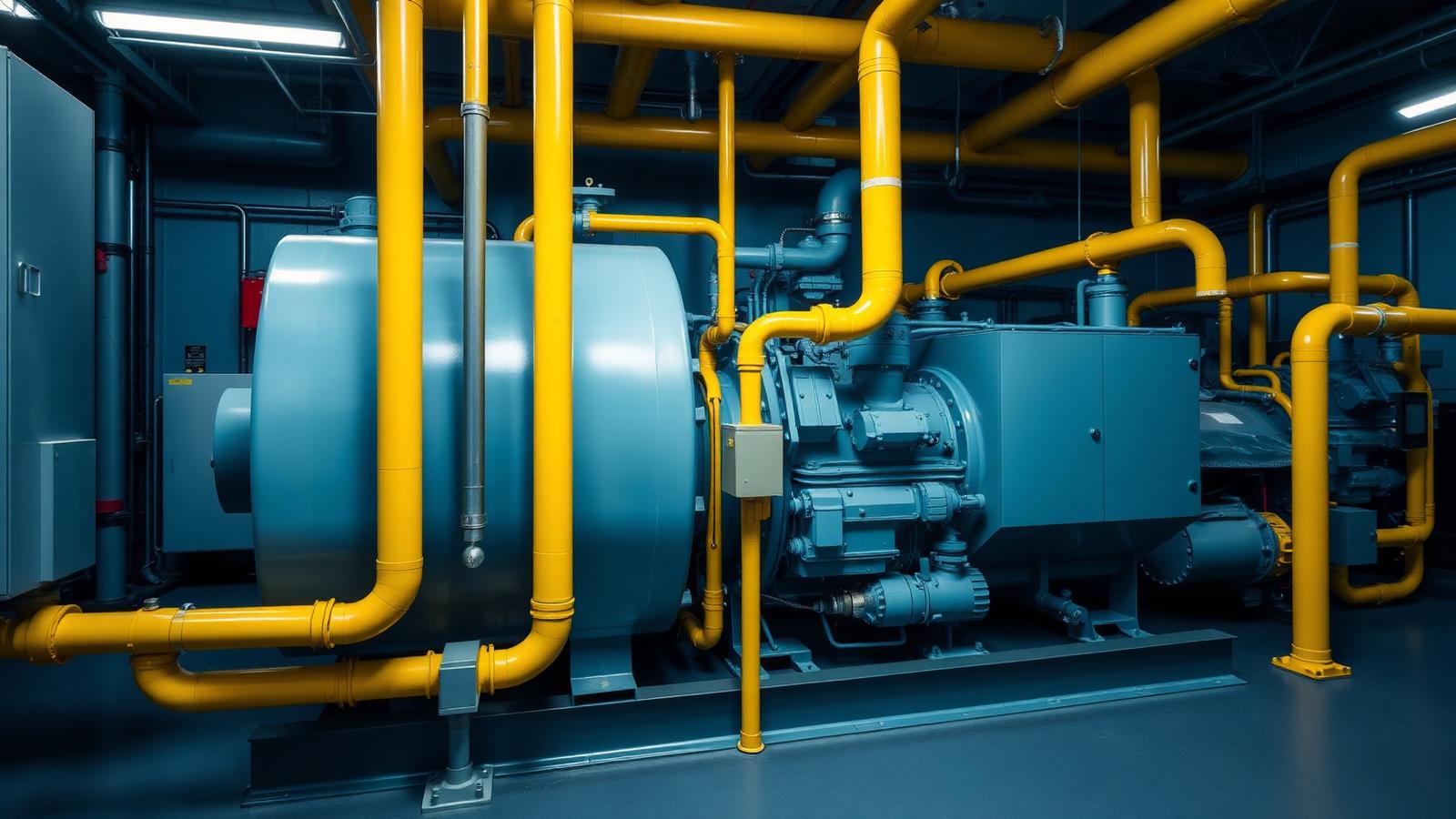 Sala de máquinas industrial com compressores e tubulação amarela de amônia