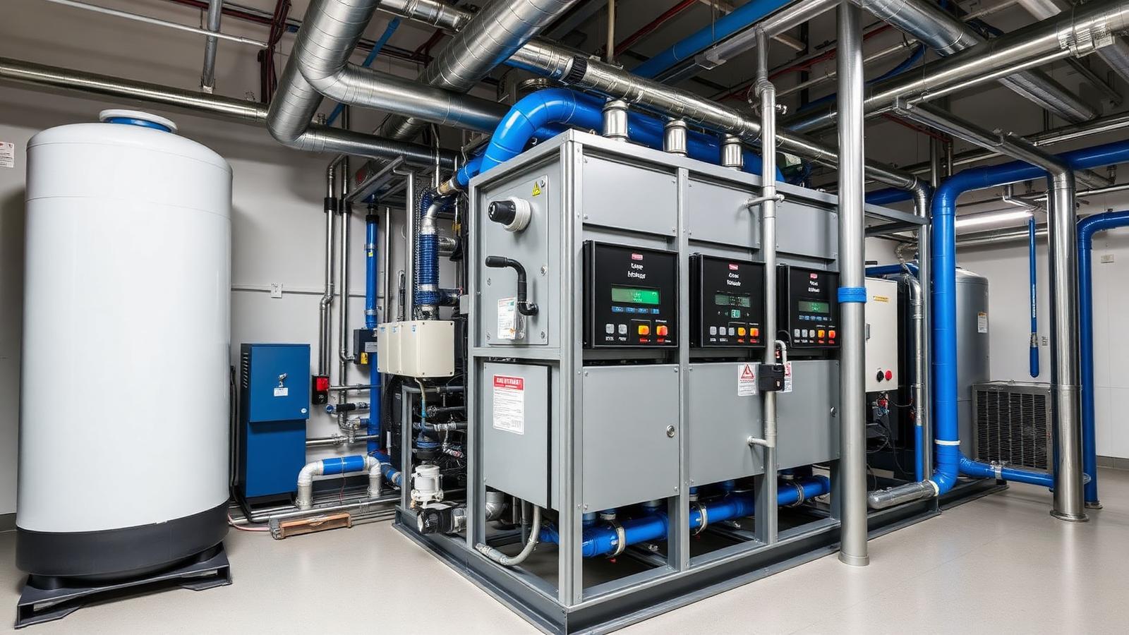 Rack de refrigeração transcrítica com CO₂ em sala de máquinas de supermercado