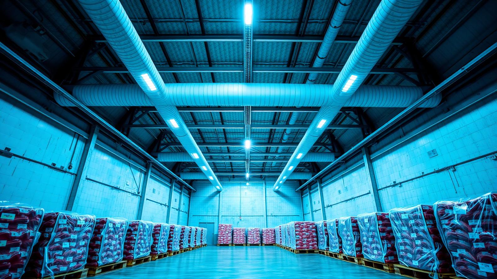 Interior de câmara frigorífica industrial com pallets e evaporadores no teto