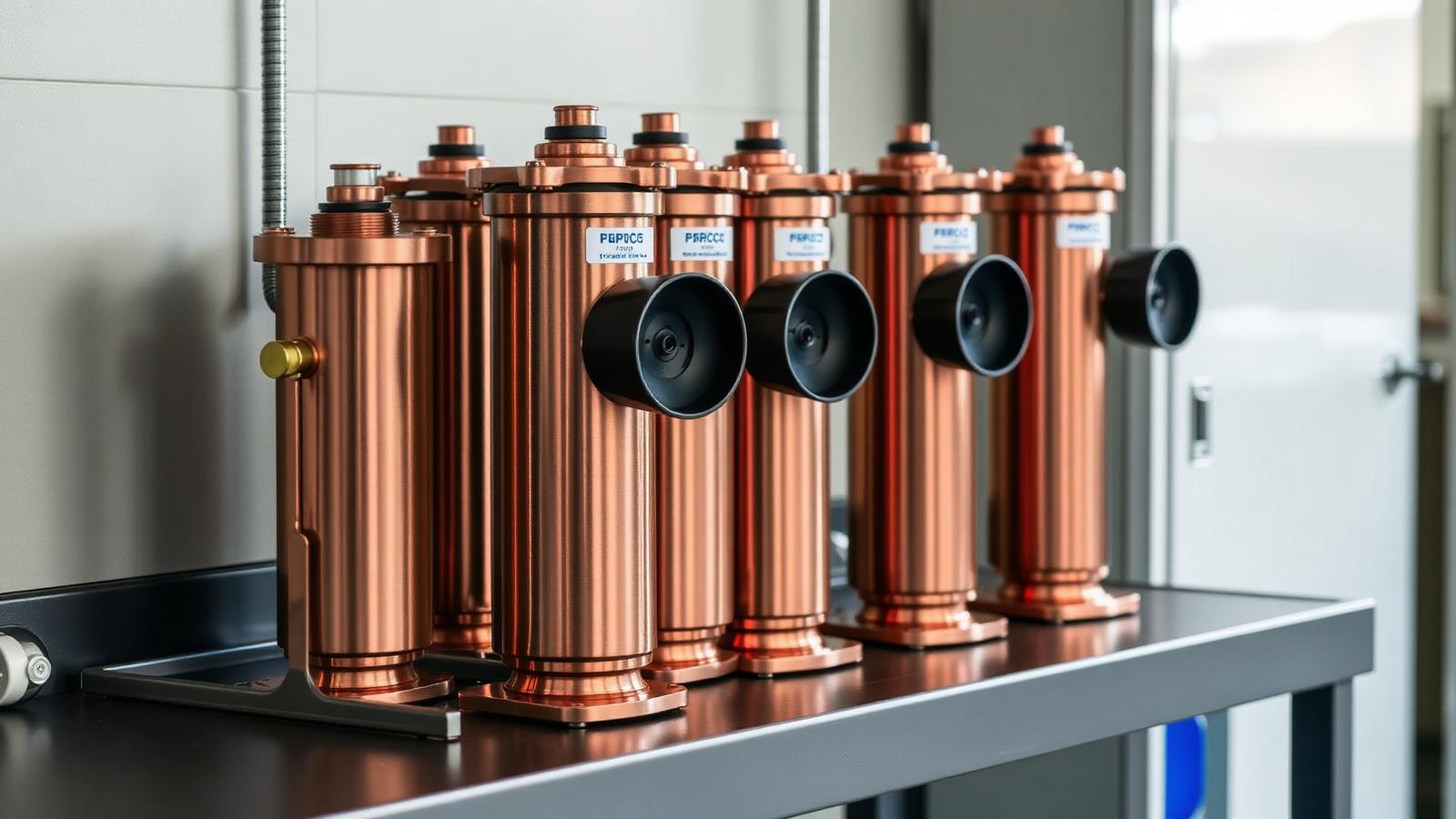 Filtros secadores de cobre em bancada de laboratório técnico