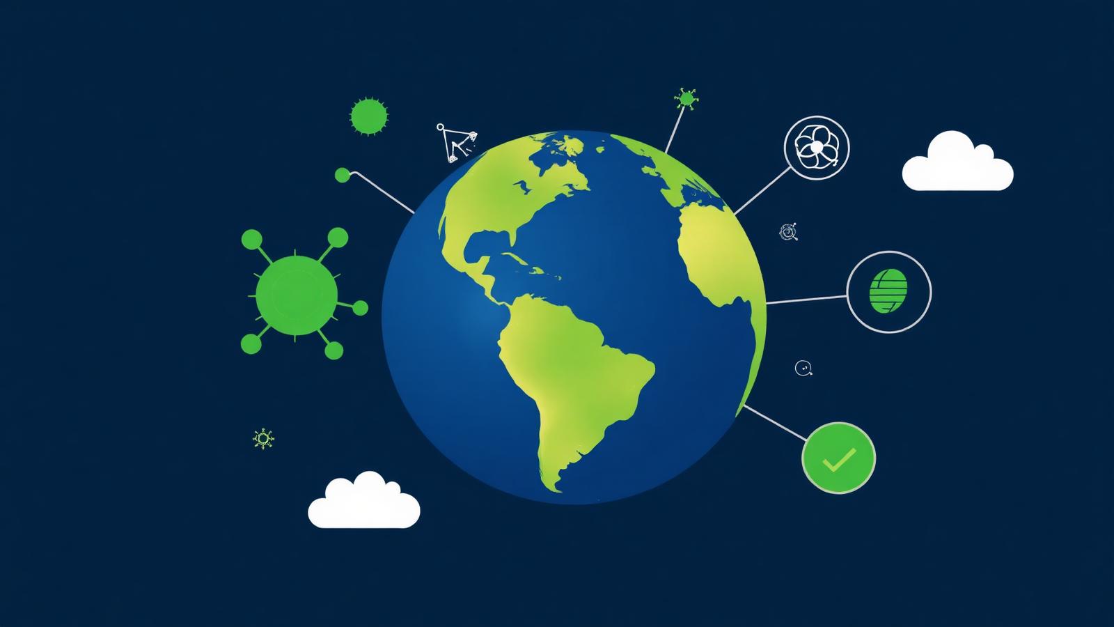 Ilustração conceitual de globo terrestre com moléculas de resfriamento e ícones ESG