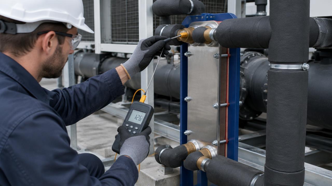 Técnico medindo temperatura da água em trocador de calor a placas