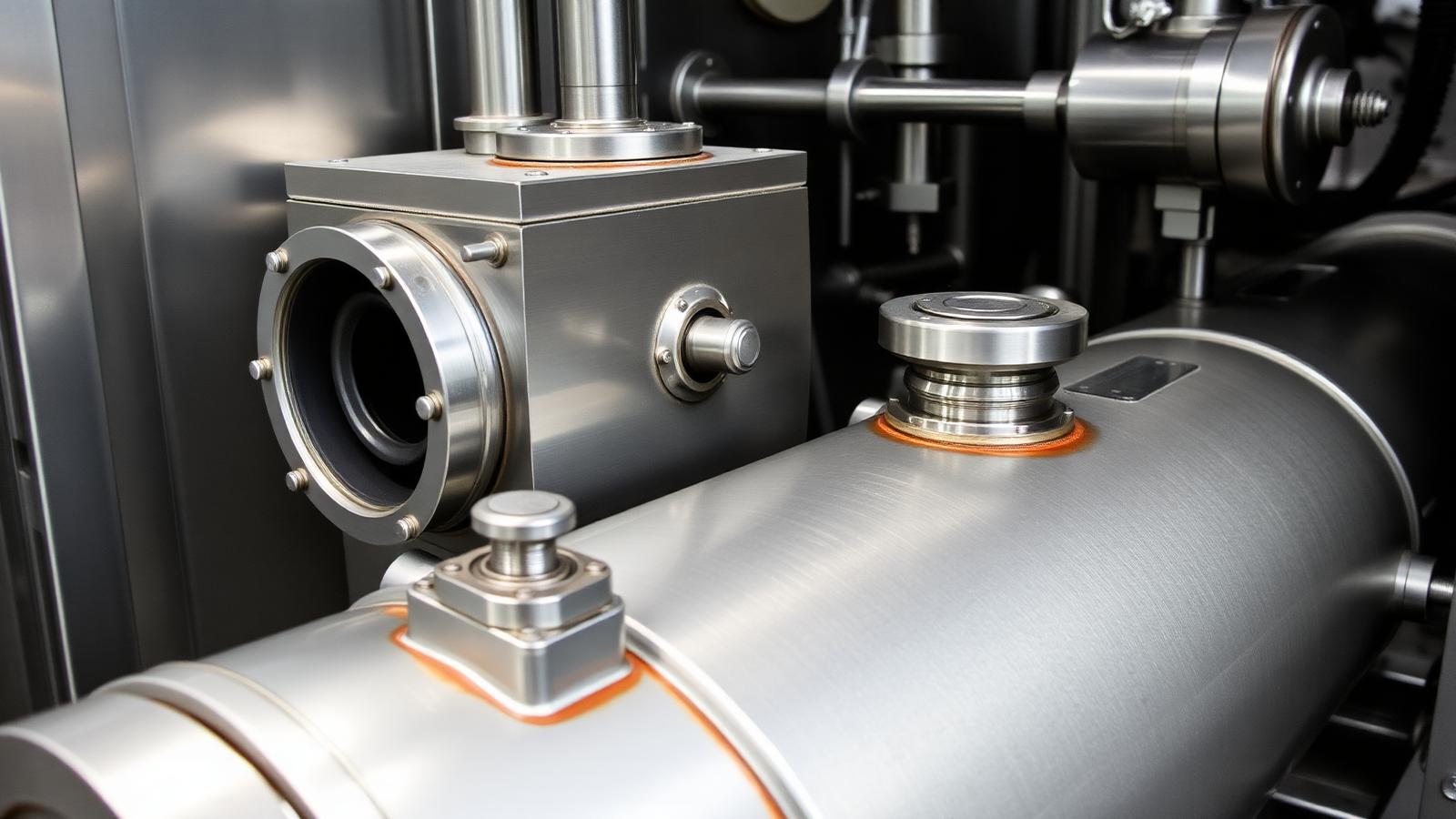 Separador de óleo em aço inox ao lado de compressor parafuso industrial