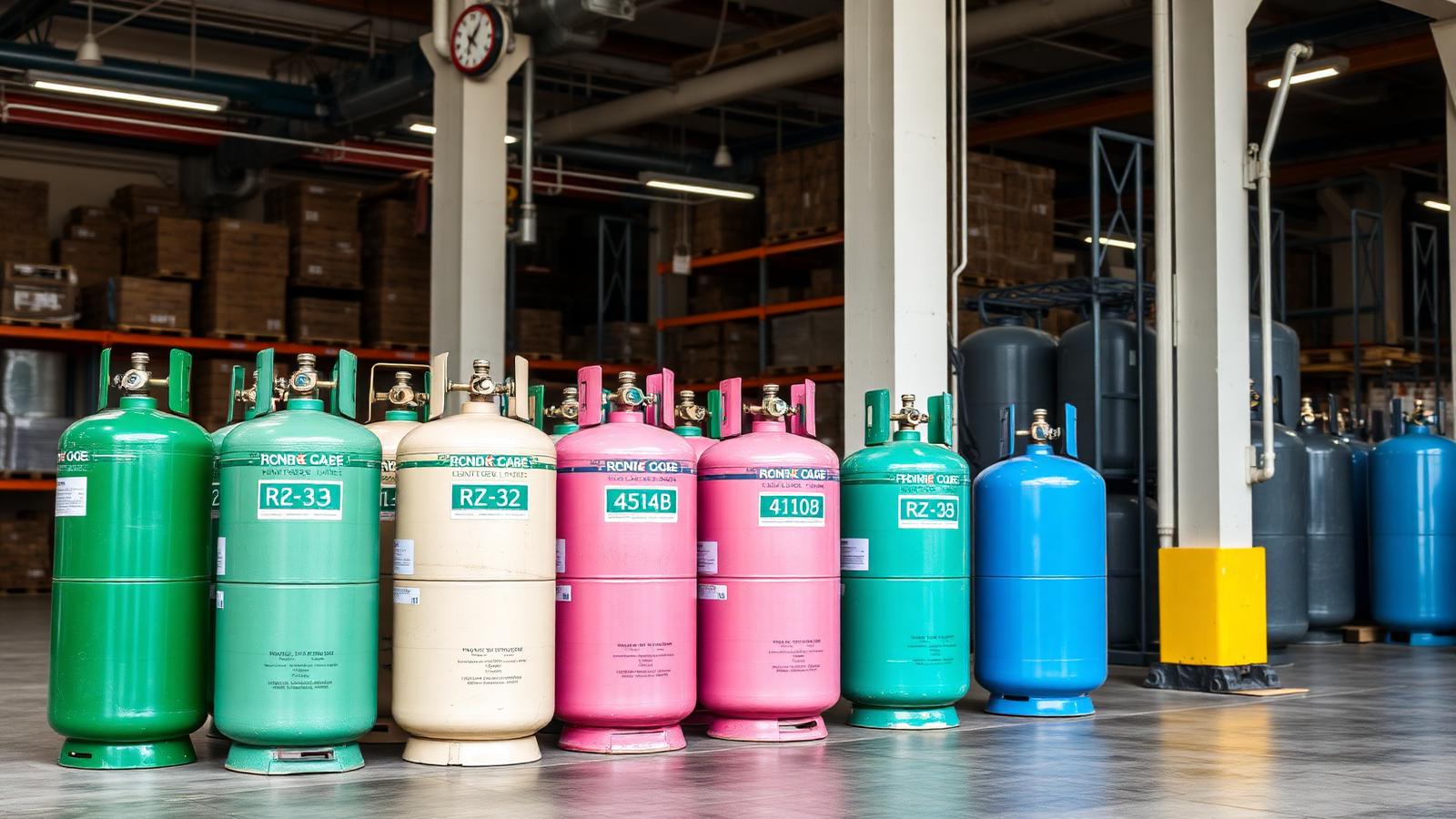 Cilindros de refrigerantes R-32, R-454B e R-410A em depósito de distribuição