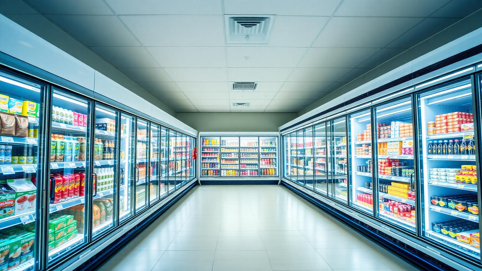 Corredor refrigerado de supermercado com balcões de vidro e produtos expostos